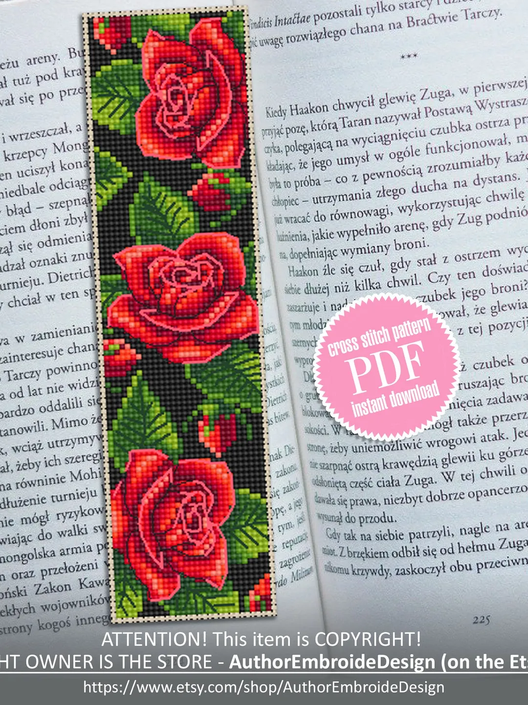 Flower bookmark cross stitch pattern PDF download Red rose cross stitch ...