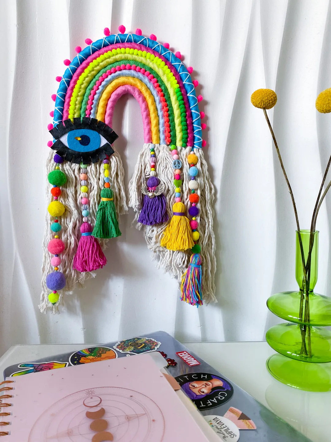 Colorful wall decor, Hippie room decoration, Macrame rainbow with evil eye, Funny gift, Boho home decor