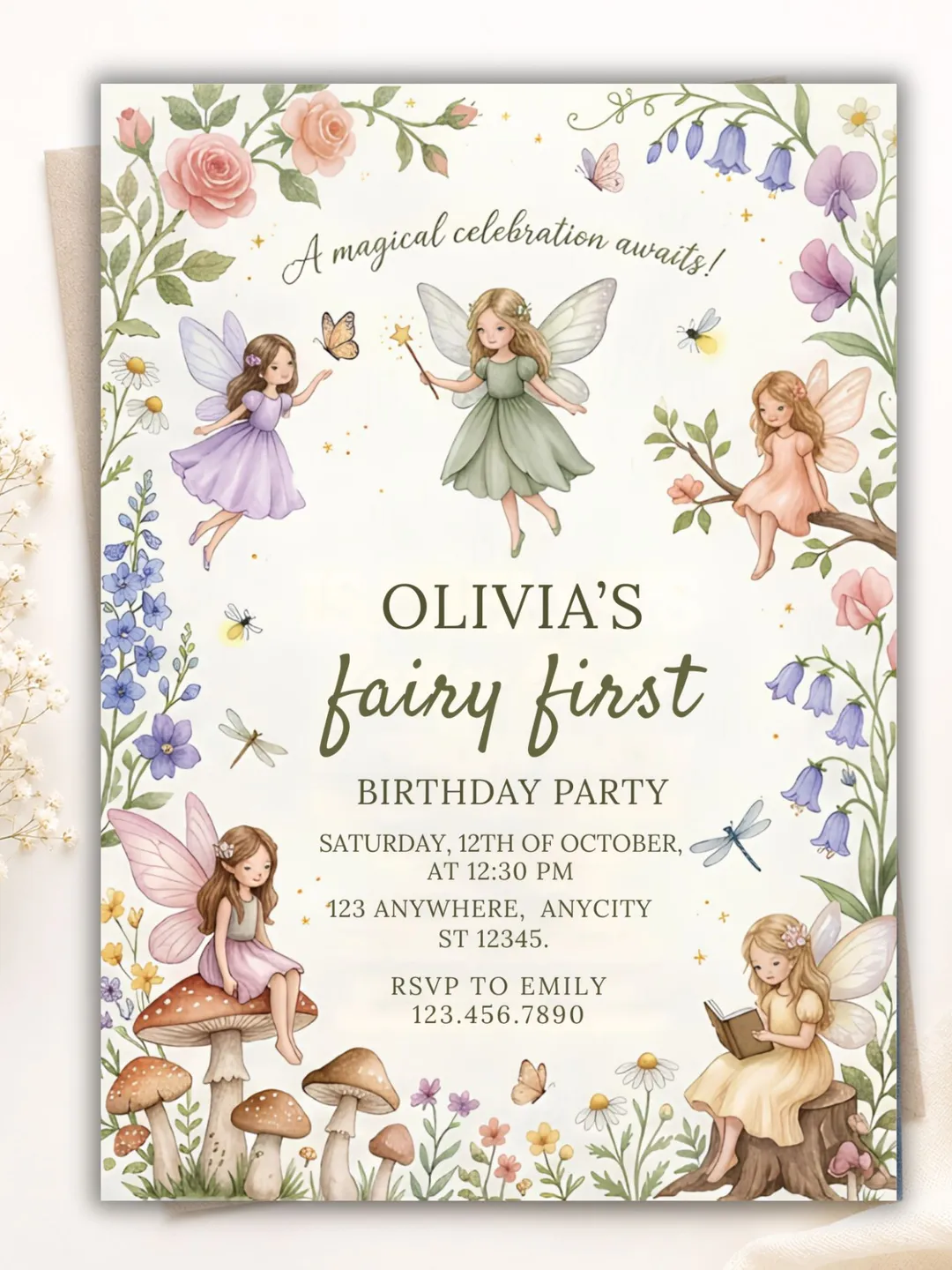 Fairy First Birthday Invitation – Enchanted Garden Woodland Printable Invite