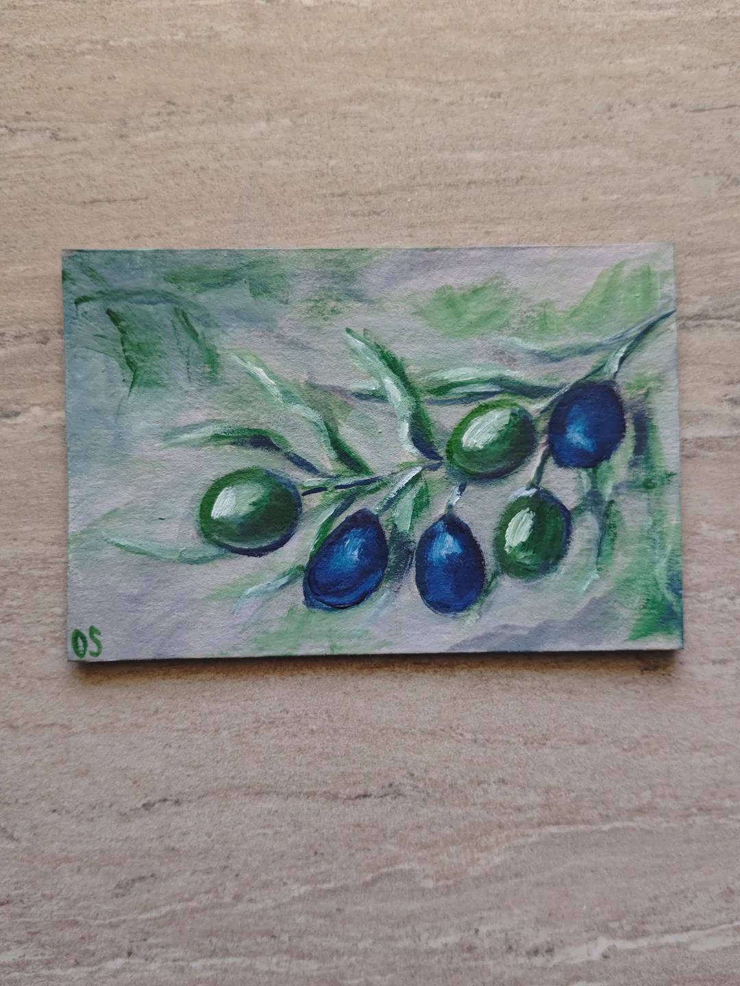 Olives Original Painting Green And Black Olives Original Art Olives On Branch Modern Artwork Green And Black Olives Wall Decor Olives Branch Oil Painting 3.14 x 5.14 inches by OlgaSokolovaArt