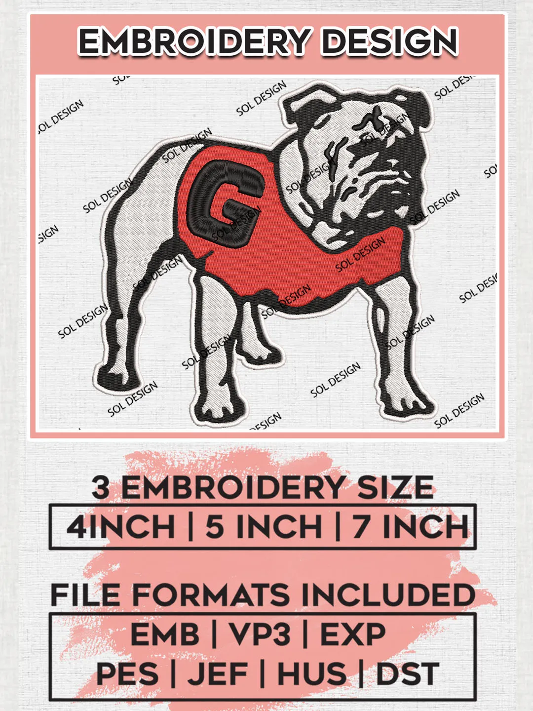 NCAA Georgia Bulldogs Team Mascot Logo Embroidery Design Files, NCAA Georgia Bulldogs Machine Embroidery, NCAA Teams, 3 sizes, NCAA Machine embroidery designs, Digital Download