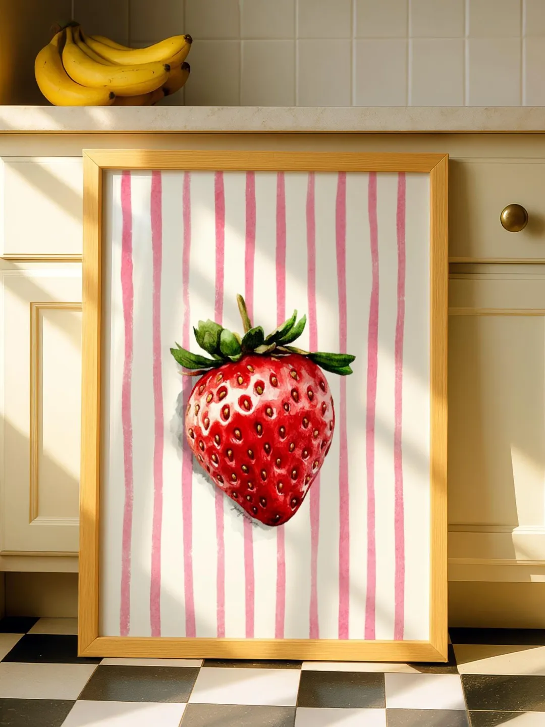 Strawberry stripe Kitchen Print: Minimalist Fruit Wall Art, Pink room decor, Strawberry art