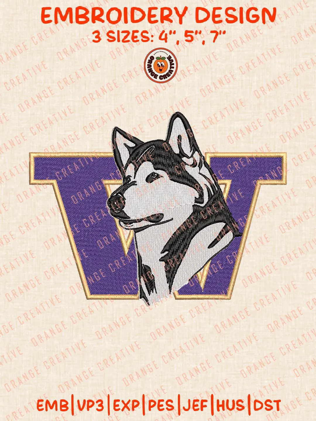NCAA Washington Huskies Logo Embroidery Design Files, NCAA Logos Embroidery Designs, NCAA Machine Embroidery Files, 3 Sizes, Custom Sizes, Instant Download