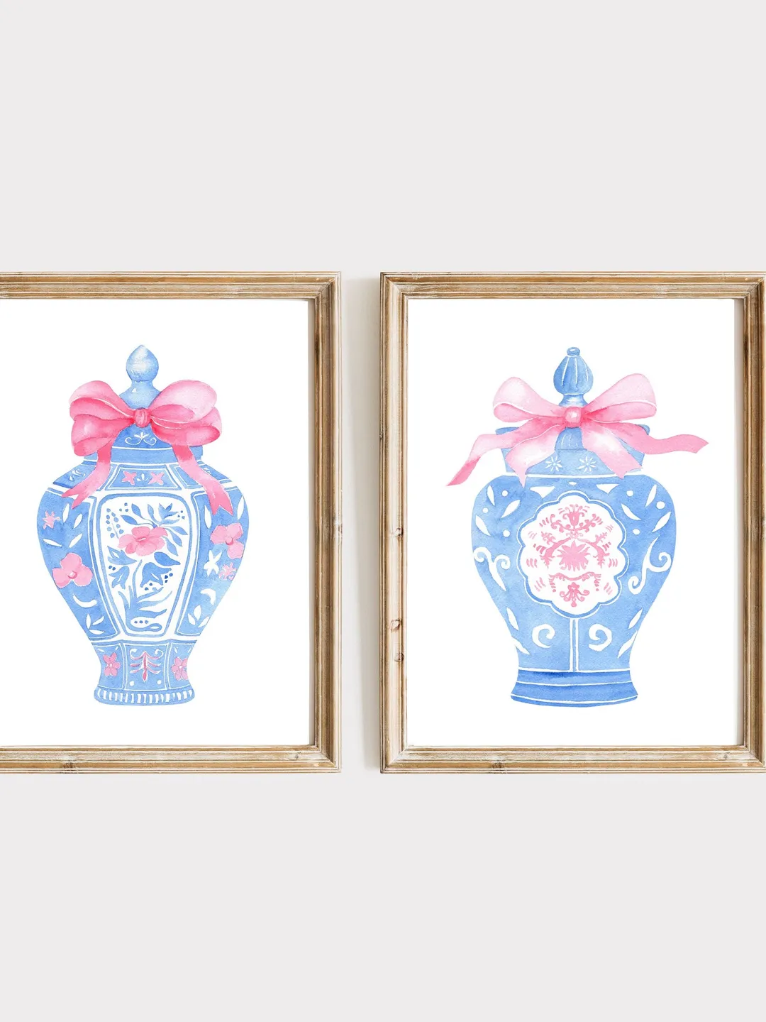 Blue Chinoiserie Vase,Digital Download, Set Of 2, Watercolor Painting With Pink Bow, Pink Ginger Jar, Blue And White Vase