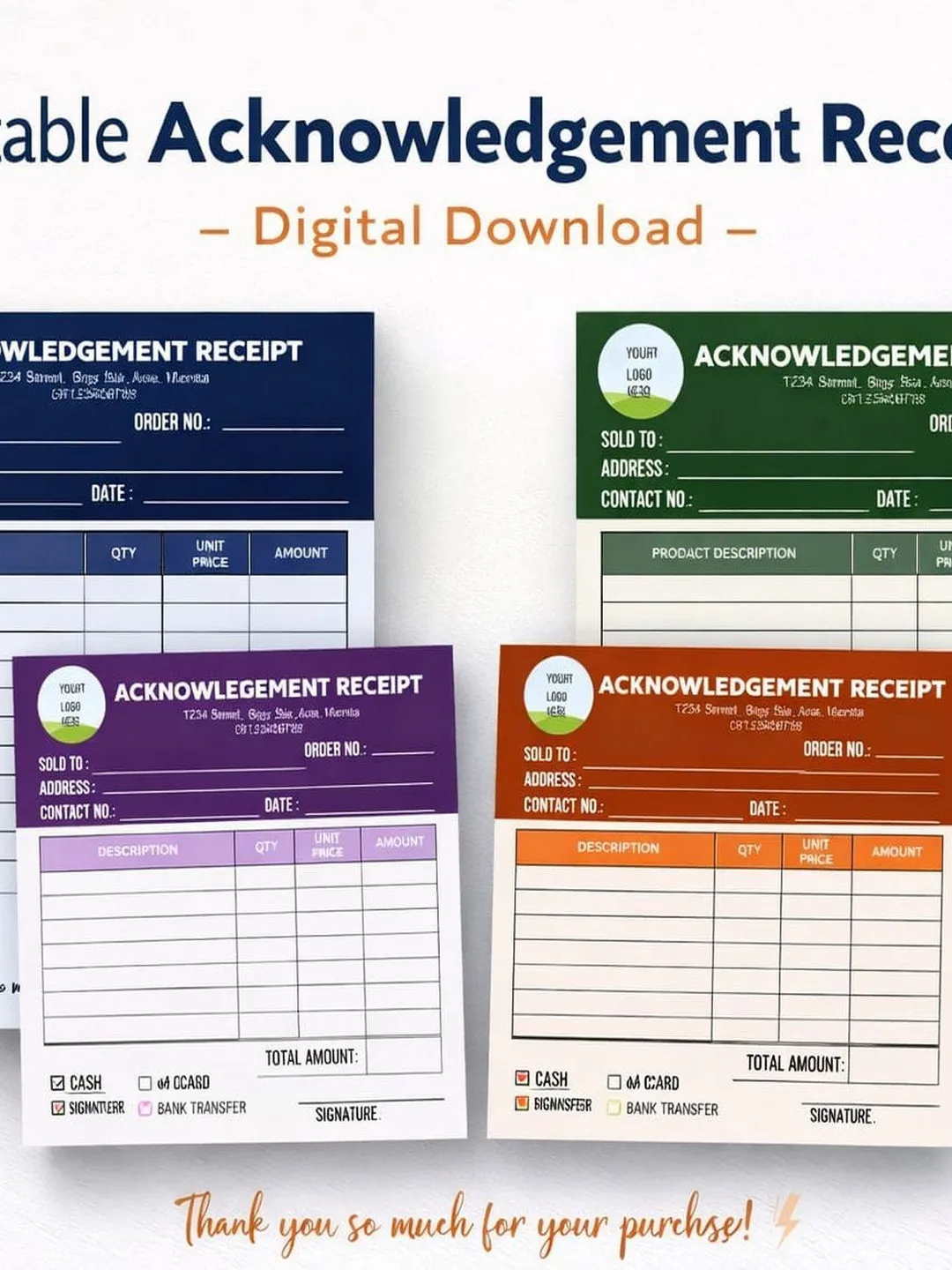 Acknowledgement Receipt Template Editable | Printable Payment Receipt ...
