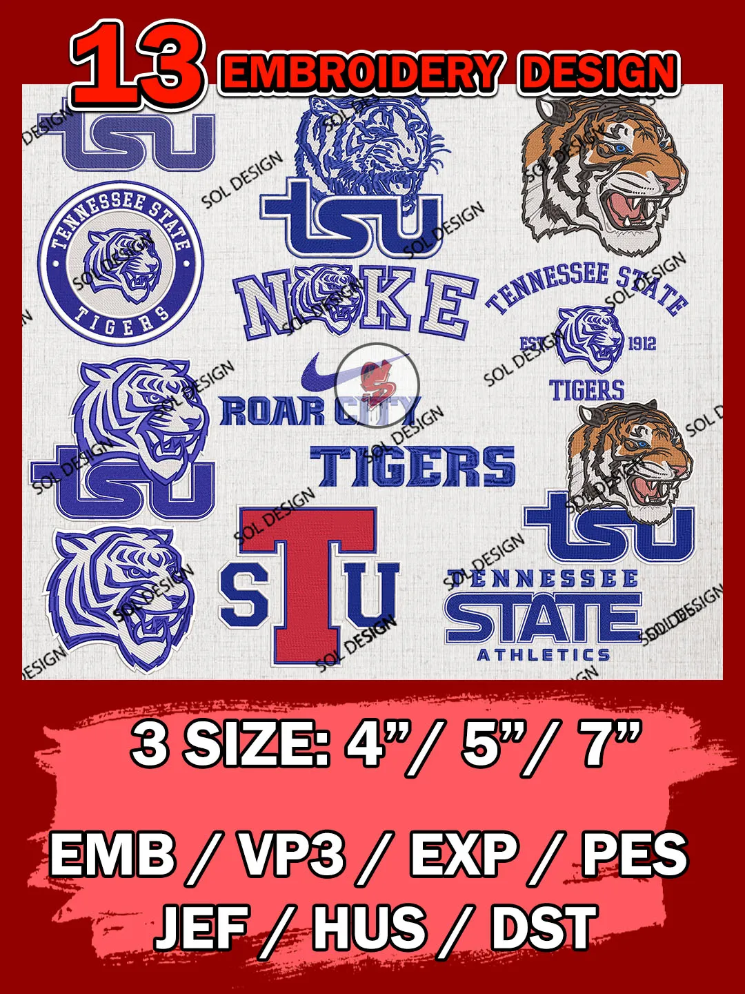 13 NCAA Tennessee State Tigers Bundle Embroidery Files, NCAA Tennessee State Tigers Team Bundle Embroidery Designs, NCAA Teams, National College Football Team 3 sizes, NCAA Tennessee State Machine Embroidery, Digital Download
