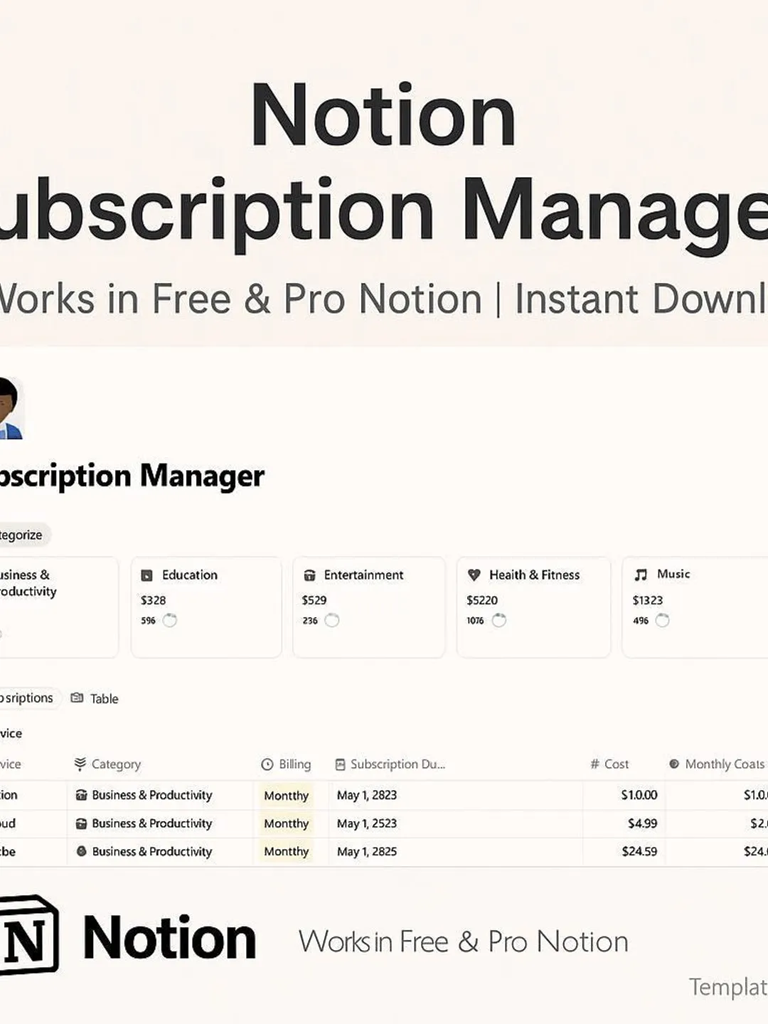 Subscription Manager Notion Template | Track Renewals, Payments & Costs ...