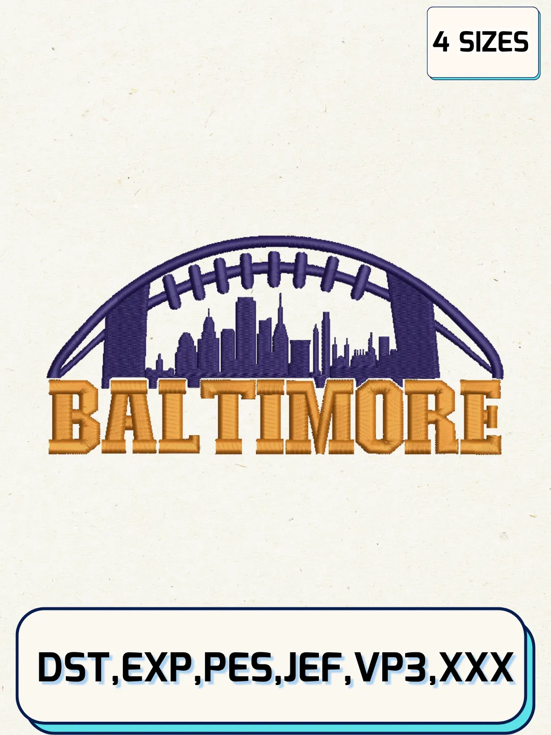 Baltimore Football City Skyline Logos Embroidery Design Files, NFL Logos Embroidery Designs, Machine Embroidery Files, 4 Sizes