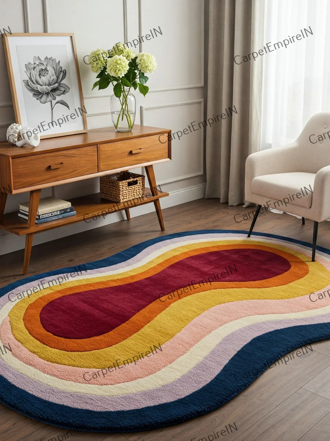 Colorful Wavy Hand-Tufted Wool Rug, NZ Wool Cut Pile Rainbow Abstract ...