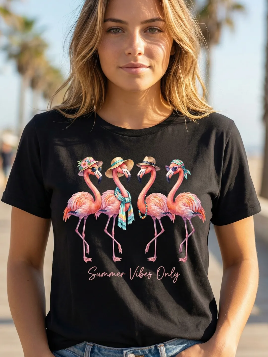 Flamingo Friends Shirt Summer Vibes Only Tee, Tropical Bird Graphic T-Shirt, Beach Vacation Shirt, Cute Pink Flamingo Tee