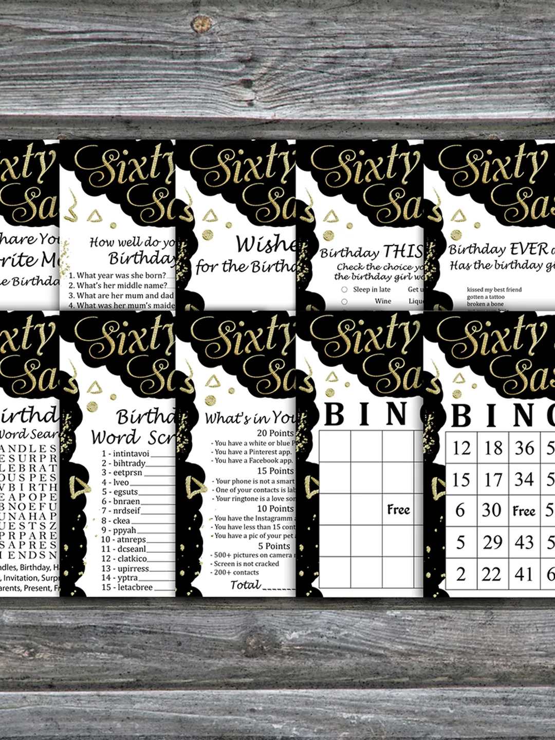 Sixty and Sassy Birthday Party Games bundle,Adult birthday games package,Printable Birthday Games,INSTANT DOWNLOAD