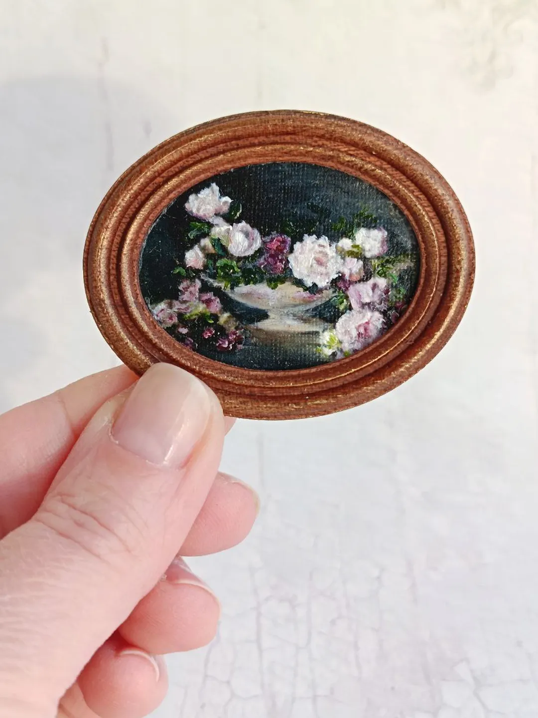 Miniature original oil painting with delicate flowers in vintage style for dollhouses in 1/12, 1/6 scale