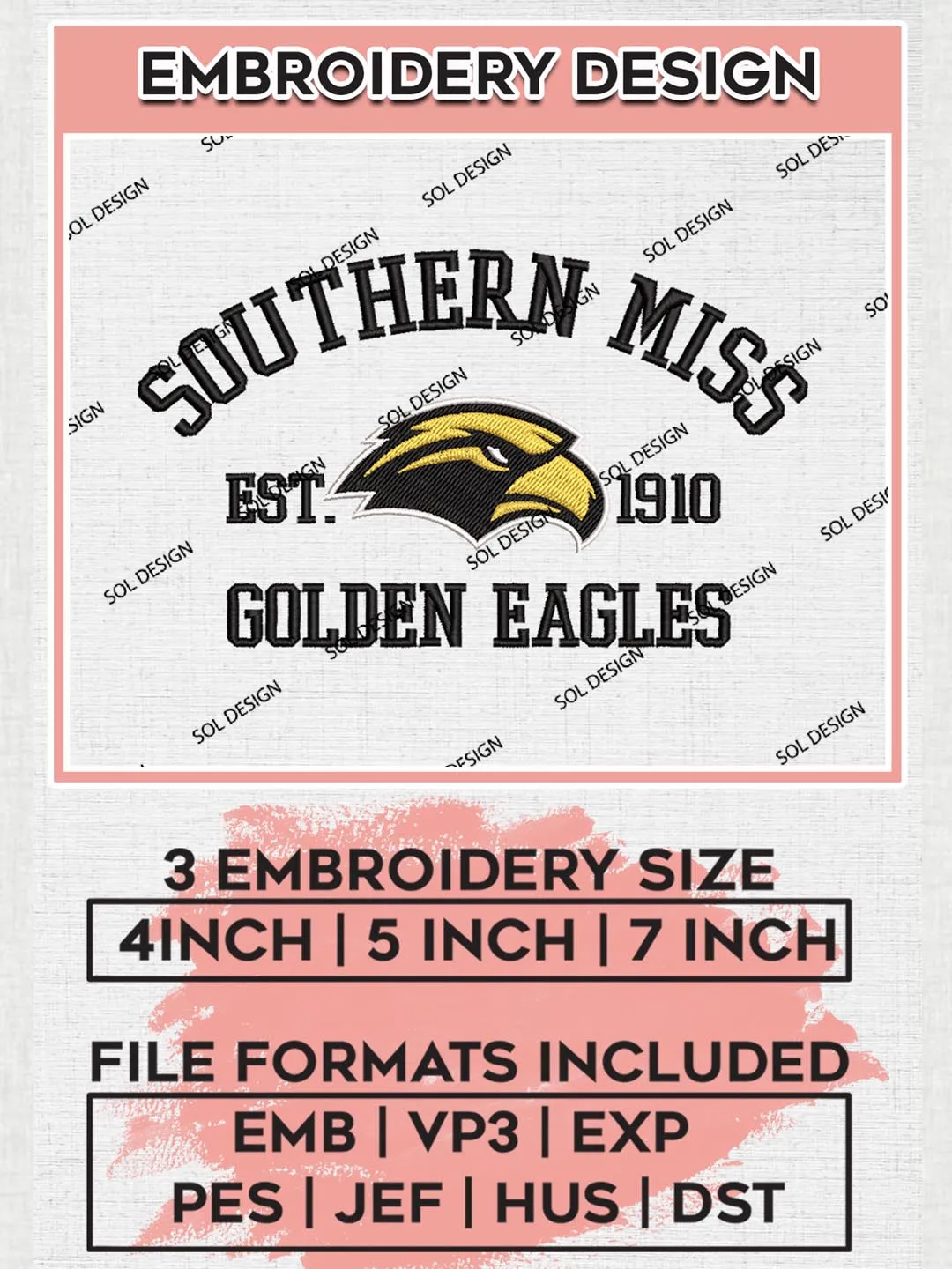 Southern Miss Golden Eagles Est 1910 Logo Embroidery Designs, NCAA Southern Miss Golden Eagles Team Embroidery, NCAA Team Logo, 3 sizes, Machine embroidery Files, Digital Download