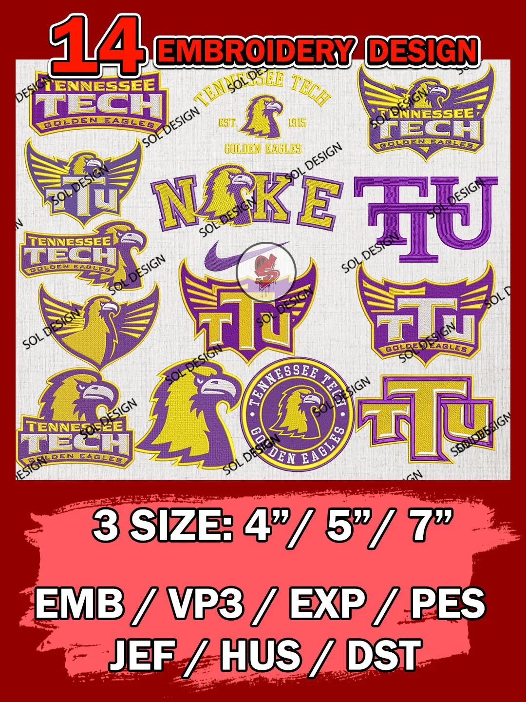 14 NCAA Tennessee Tech Golden Eagles Bundle Embroidery Files, NCAA Tennessee Tech Golden Eagles Team Bundle Embroidery Designs, NCAA Teams, National College Football Team 3 sizes, NCAA Tennessee Tech Machine Embroidery, Digital Download