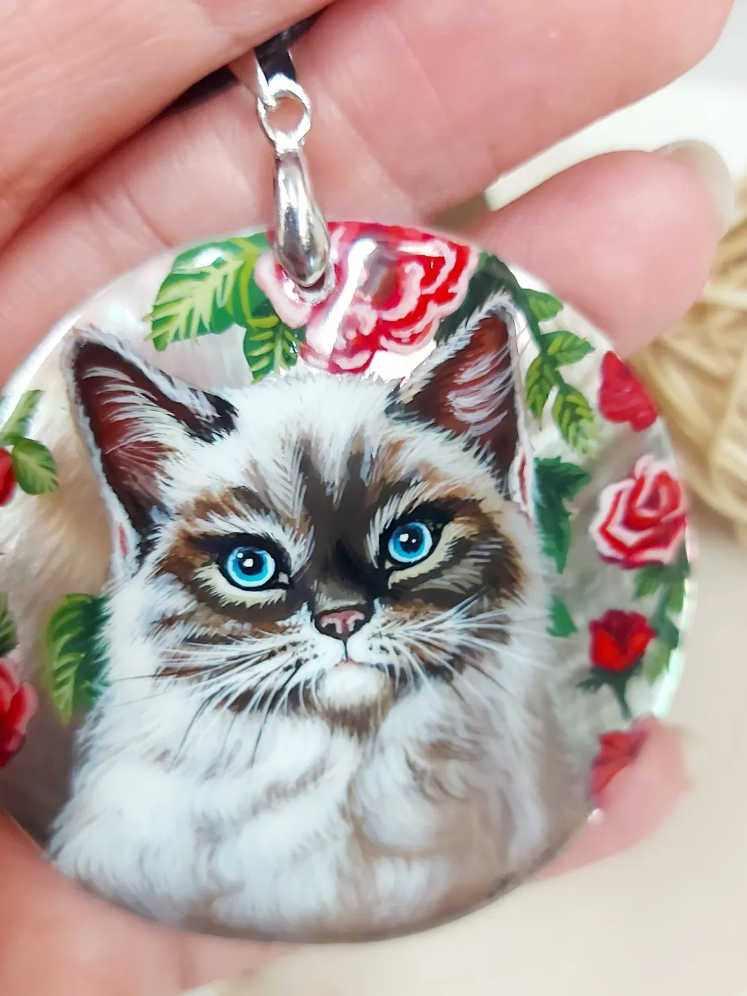 Mother-of-pearl Russian hand-painted necklace pendant "Cat in Flowers" Hand paint necklace pendant Cat pendant