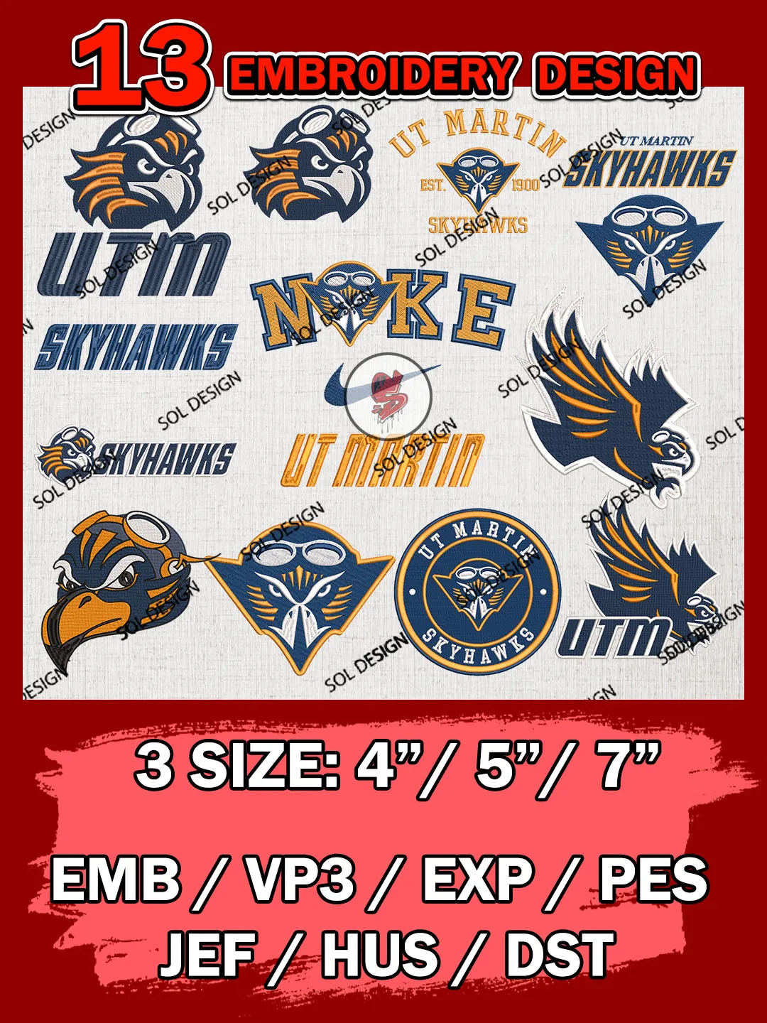 13 NCAA UT Martin Skyhawks Bundle Embroidery Files, NCAA UT Martin Skyhawks Team Bundle Embroidery Designs, NCAA Teams, National College Football Team 3 sizes, NCAA UT Martin Machine Embroidery, Digital Download