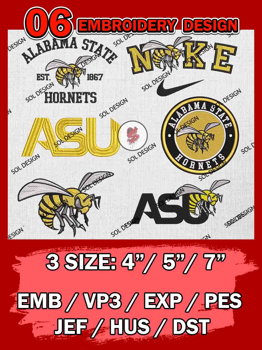 6 NCAA Alabama State Hornets Bundle Embroidery Files, NCAA Alabama State Hornets Team Bundle Embroidery Designs, NCAA Teams, National College Football Team 3 sizes, NCAA Alabama State Machine Embroidery, Digital Download