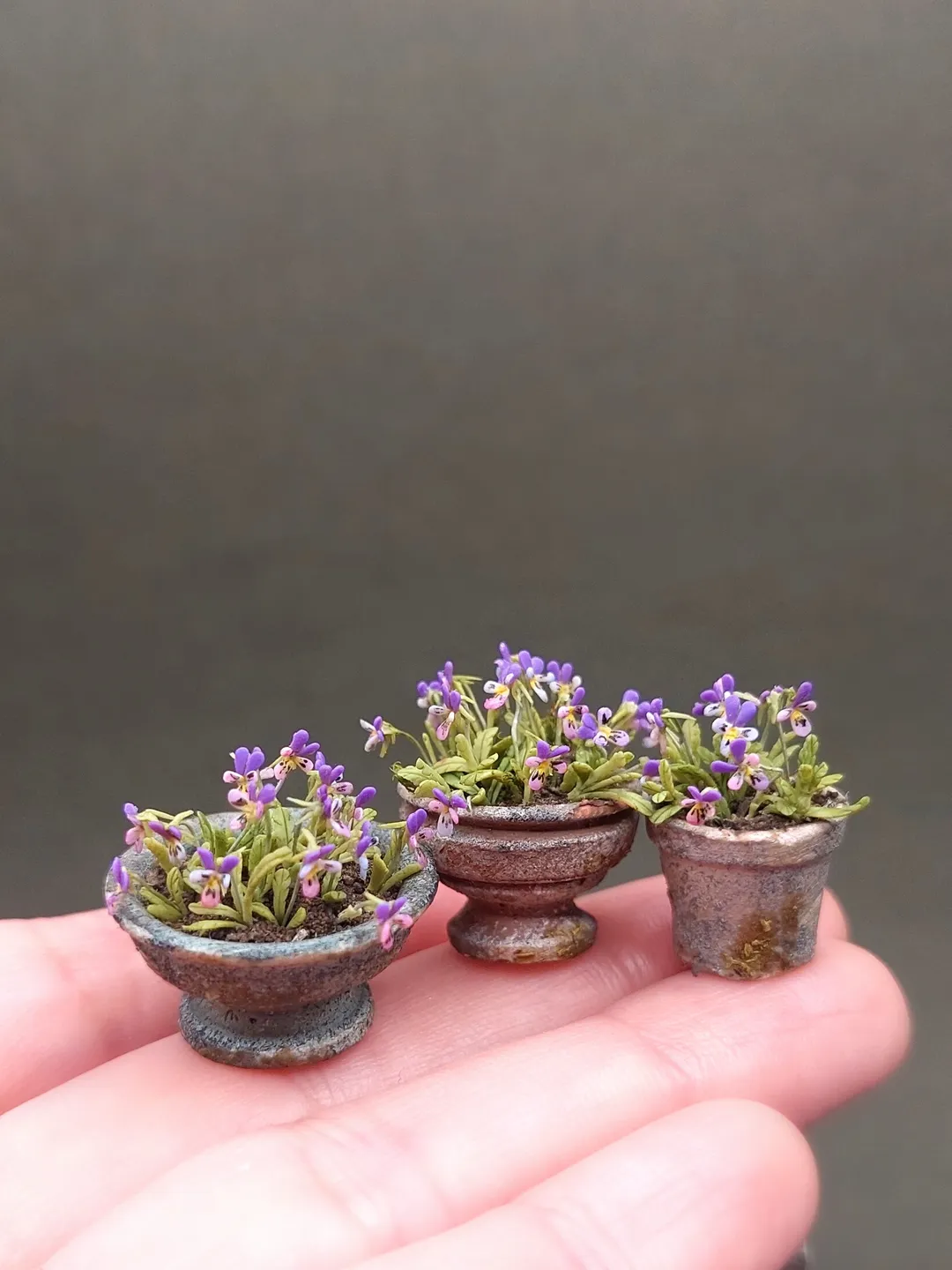 Miniature realistic pansies (violets) 1:12 scale in a planter , flowers for a dollhouse, a vegetable garden, plants for a rumbox