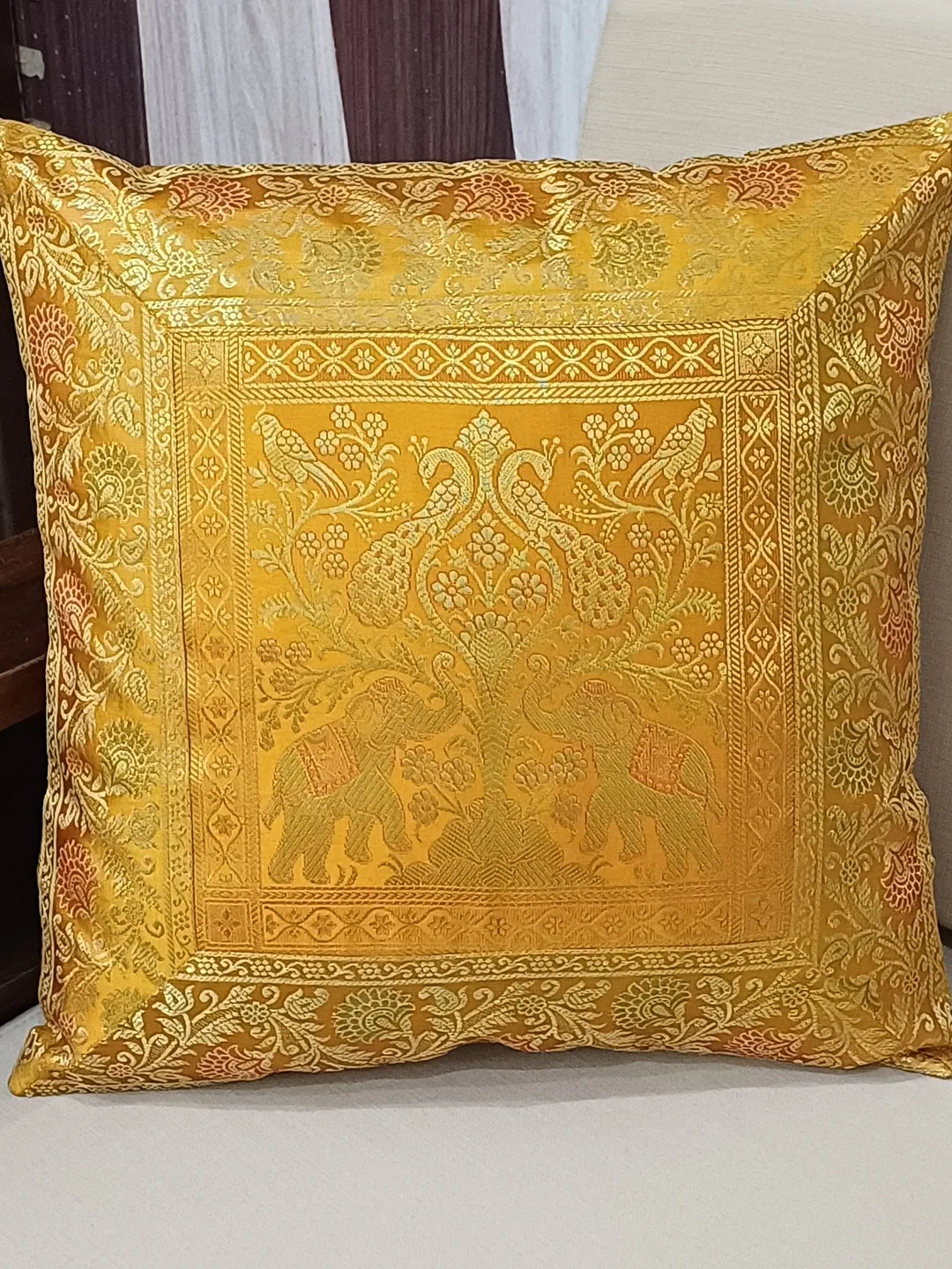 16x16 Indian Brocade Elephant Throw Pillow Cover – Boho Ethnic Decor – Mustard Yellow – 2-Pack