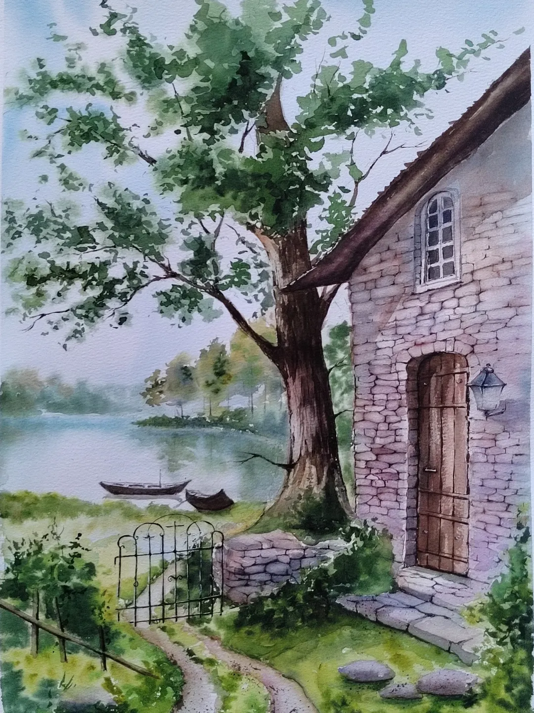 Original Watercolor Painting Landscape Art House by Lake Artwork 30x40 cm by SoftWaves