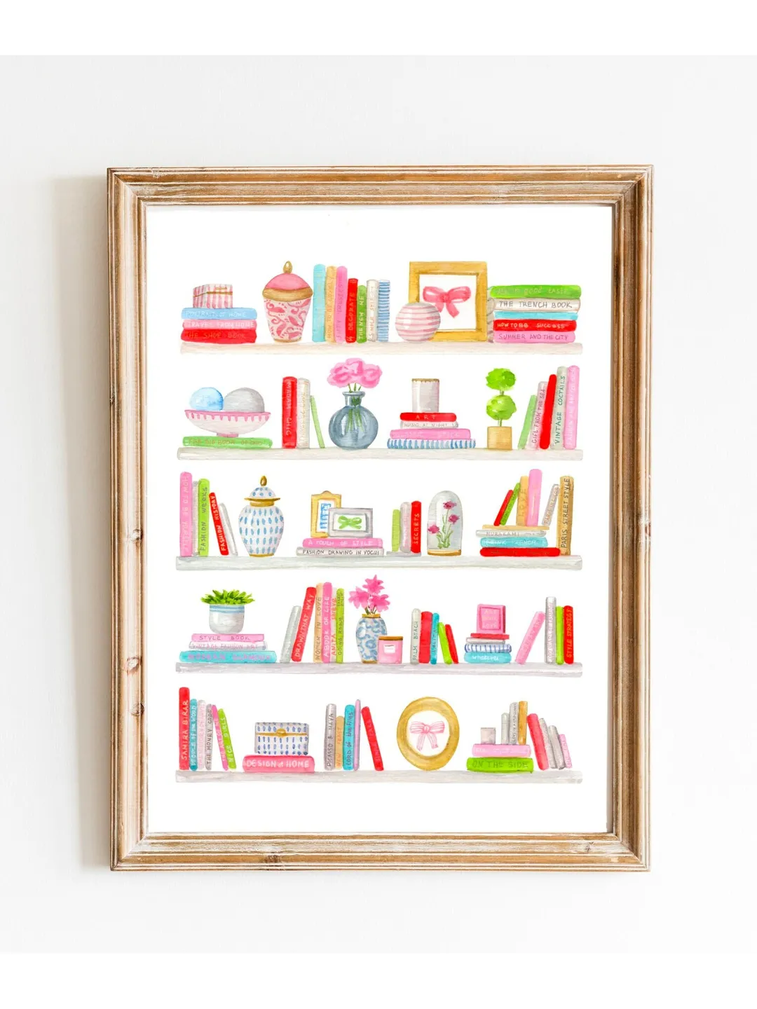 Pink Bookshelf, Watercolor Painting Books, Fashion Book Decor, Book Illustration, Ginger Jar Art, Reader Gift, Girly Wall Art, Girls Print