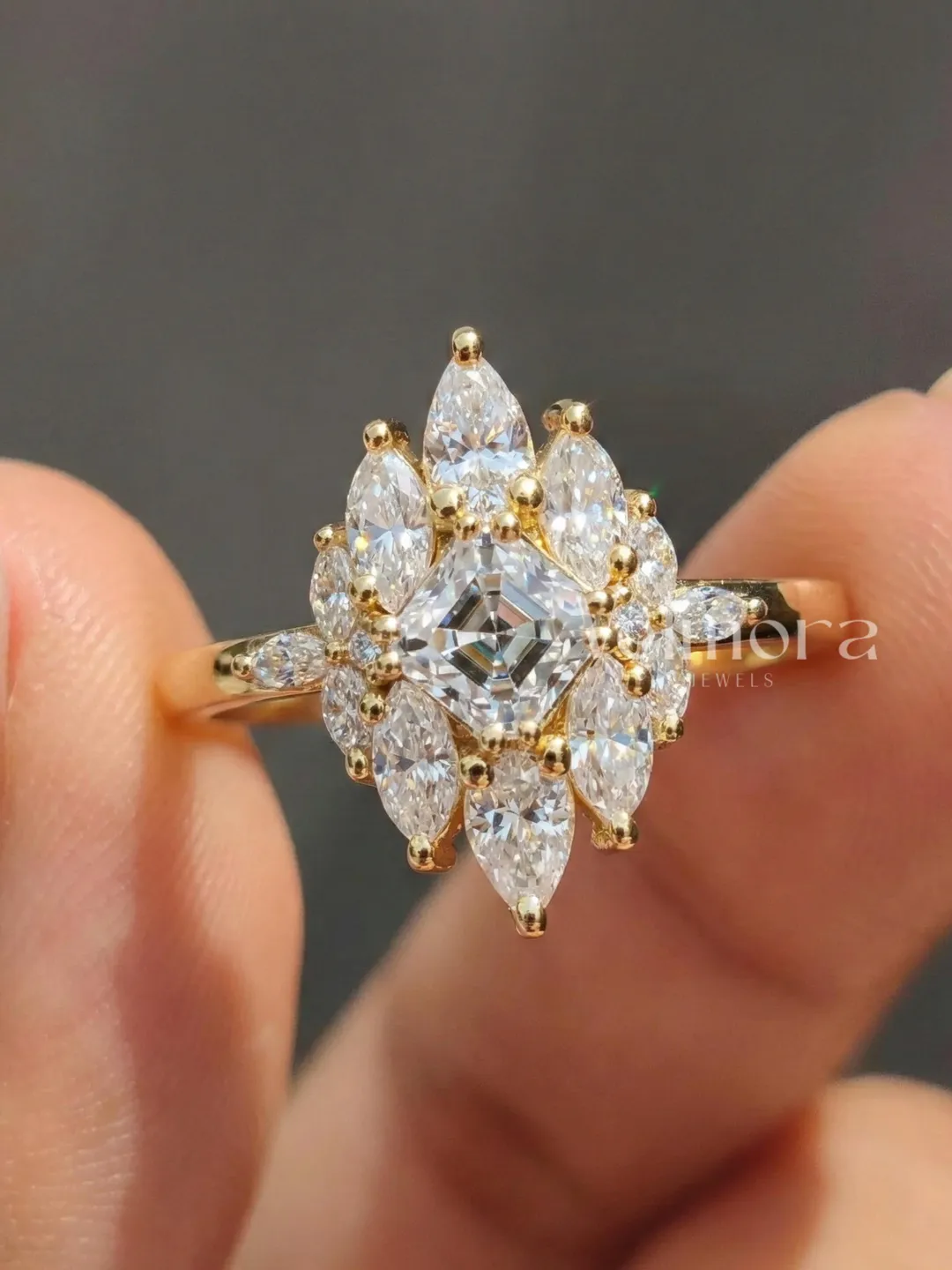 Asscher Cut Diamond Ring, Marquise Halo, Gold Floral Bridal Ring