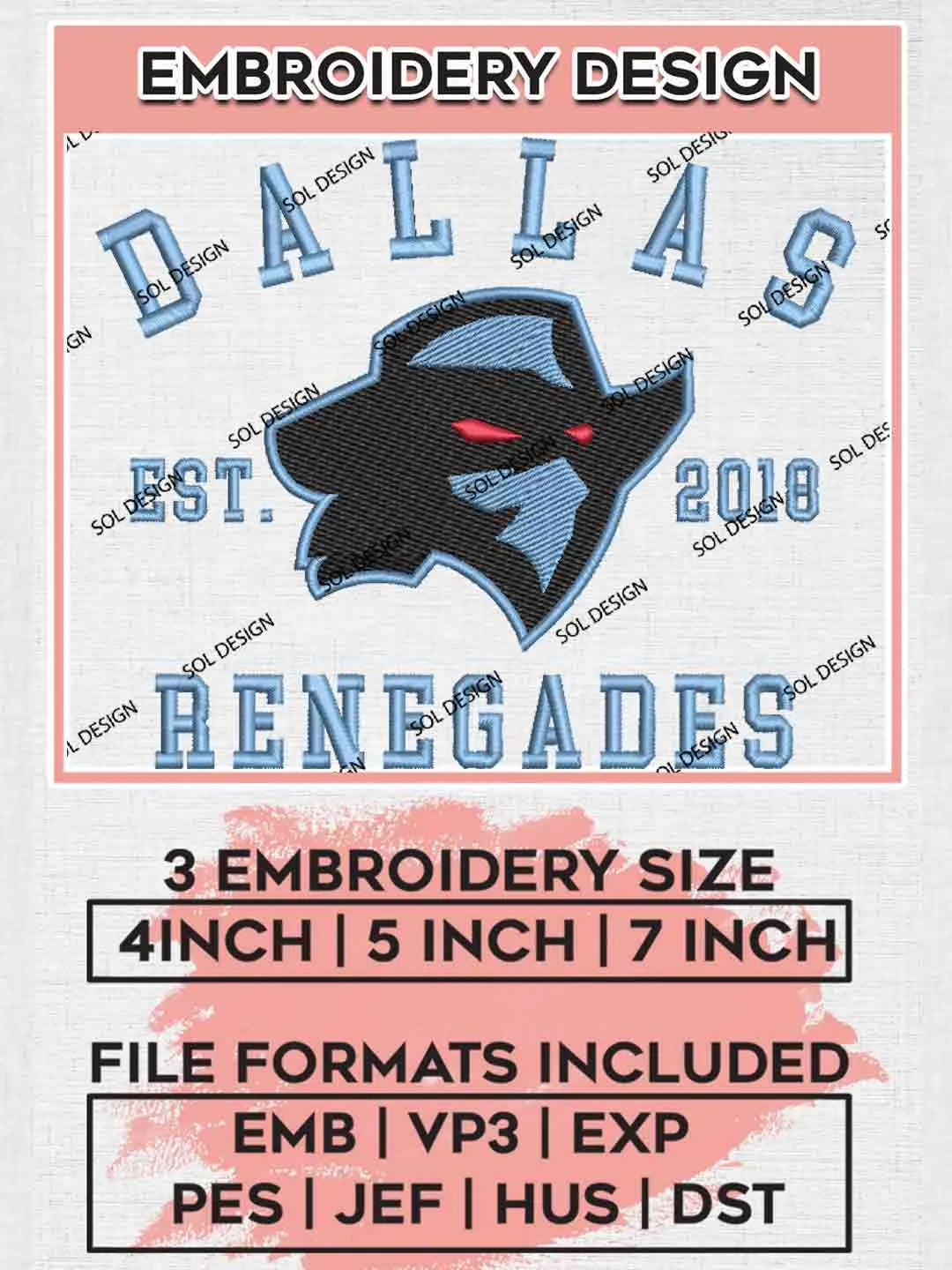 UFL Dallas Renegades Est Embroidery Design, Football League Embroidery files, Sport Machine embroidery designs, 3 sizes, Instant Download
