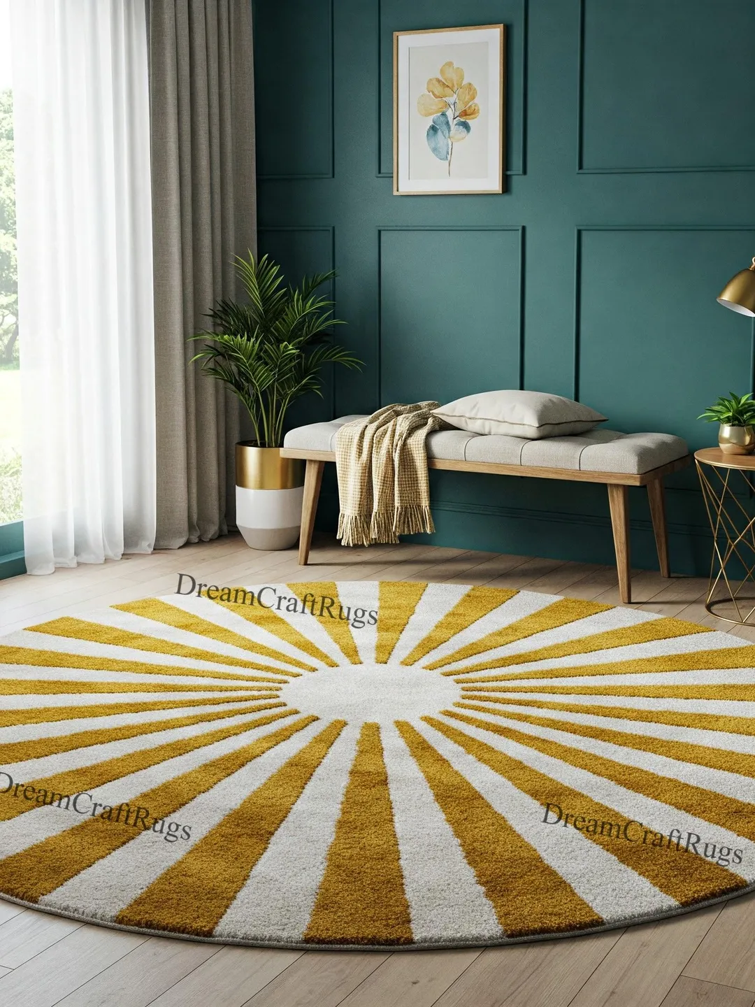 Hand-Tufted Woolen Area Rug: Golden Yellow Sunburst Design