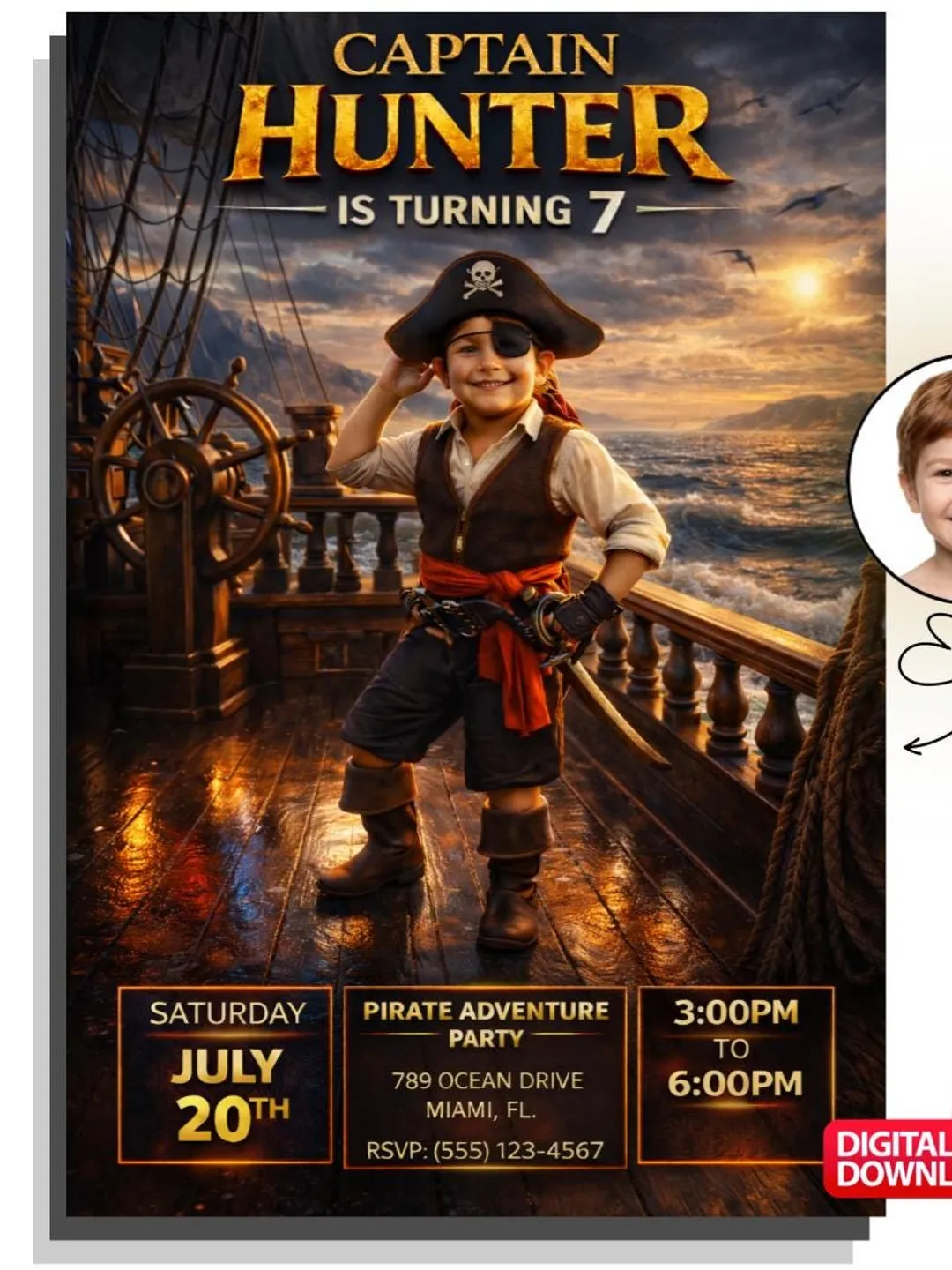 Custom Pirate Birthday Invitation with Photo, Captain Adventure Party Invite (Digital Download)