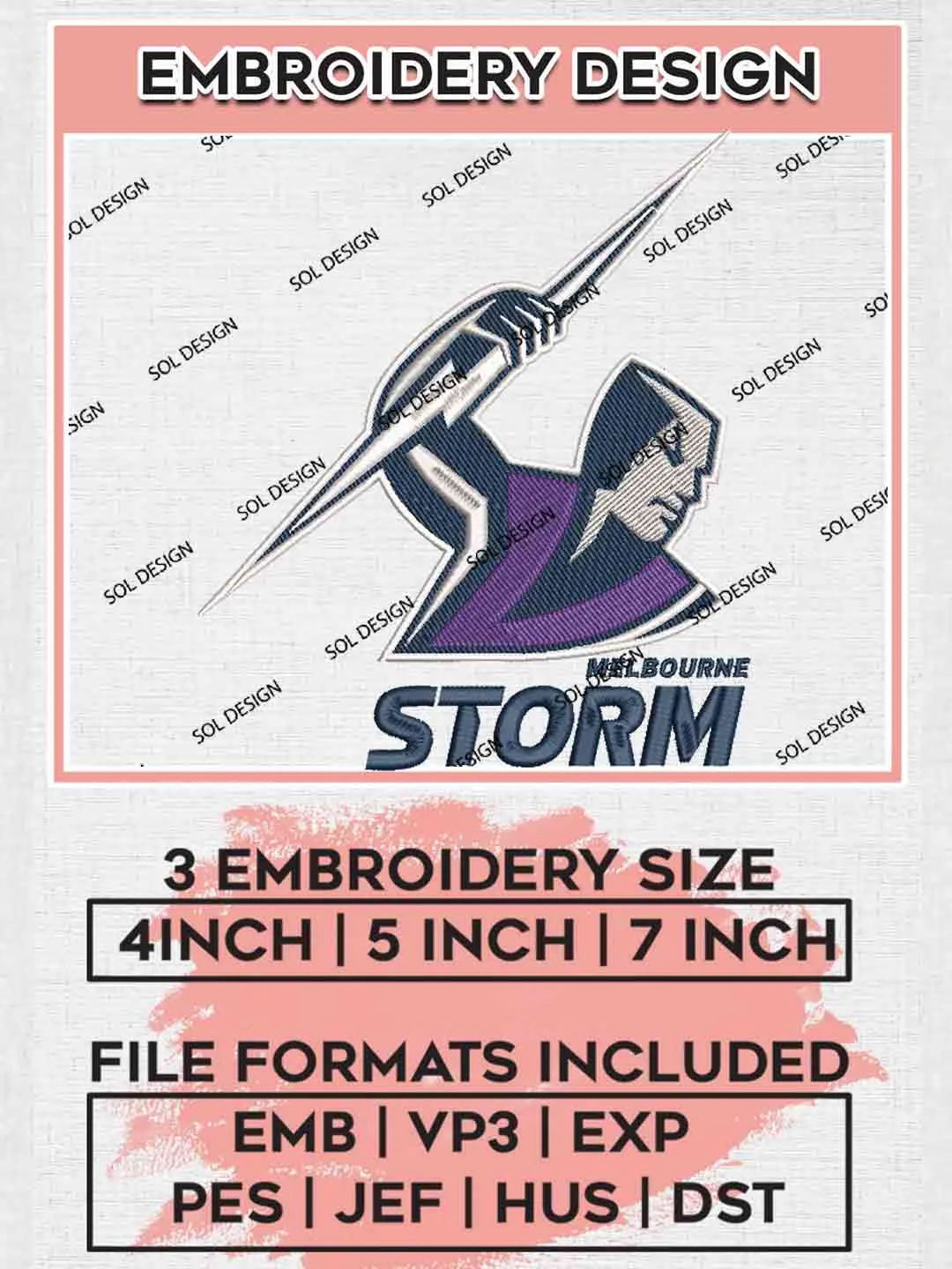 NRL Melbourne Storm Machine Embroidery Design, National Rugby League Embroidery Design, Melbourne Storm Logo Embroidery Design,NRL Machine Embroidery Digitized Pes File,3 Sizes, Instant Download