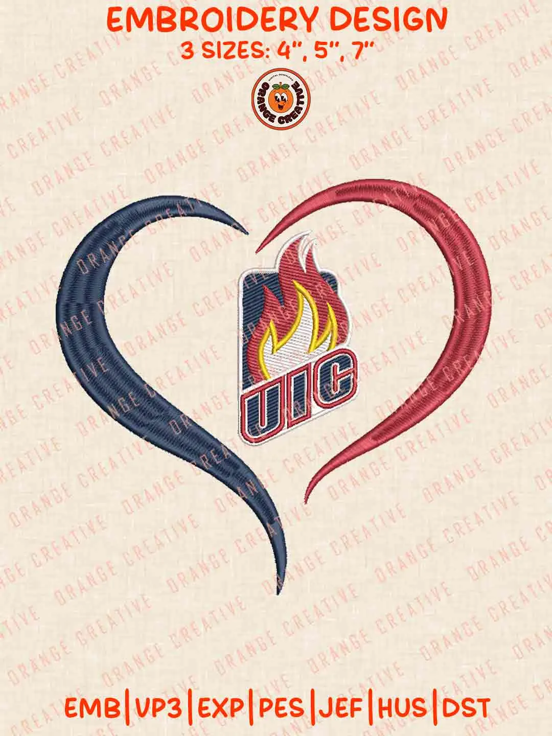 UIC Flames Heart Embroidery Design Files, NCAA UIC Flames Team Logos Embroidery Designs, NCAA Machine Embroidery Files, 3 Sizes, Custom Sizes, Instant Download