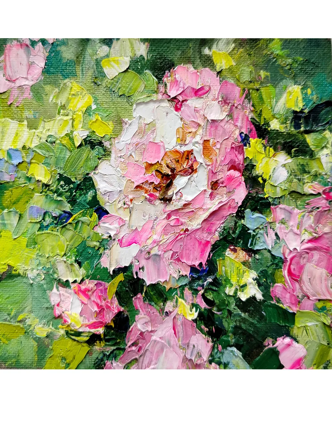 Pink Roses Flowers Original Oil Painting Wall Art Impasto Artwork Canvas Painting 6 by 6 inches by Natalia
