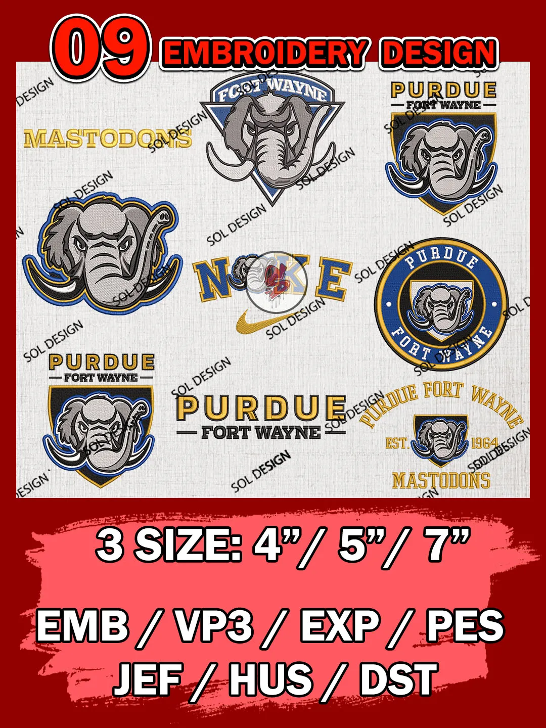 9 NCAA Purdue Fort Wayne Mastodons Bundle Embroidery Files, NCAA Purdue Fort Wayne Mastodons Team Bundle Embroidery Designs, NCAA Teams, National College Football Team 3 sizes, NCAA Purdue Fort Wayne Machine Embroidery, Digital Download