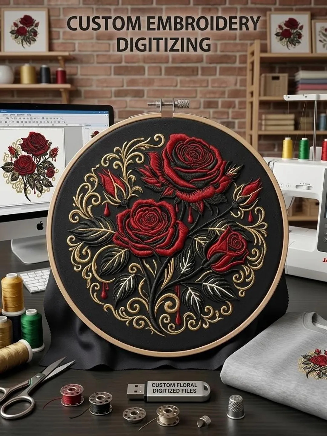 Custom Floral Embroidery Design Digitizing, Gothic Rose Pattern (Digital File) LIGHTNING-FAST DELIVERY
