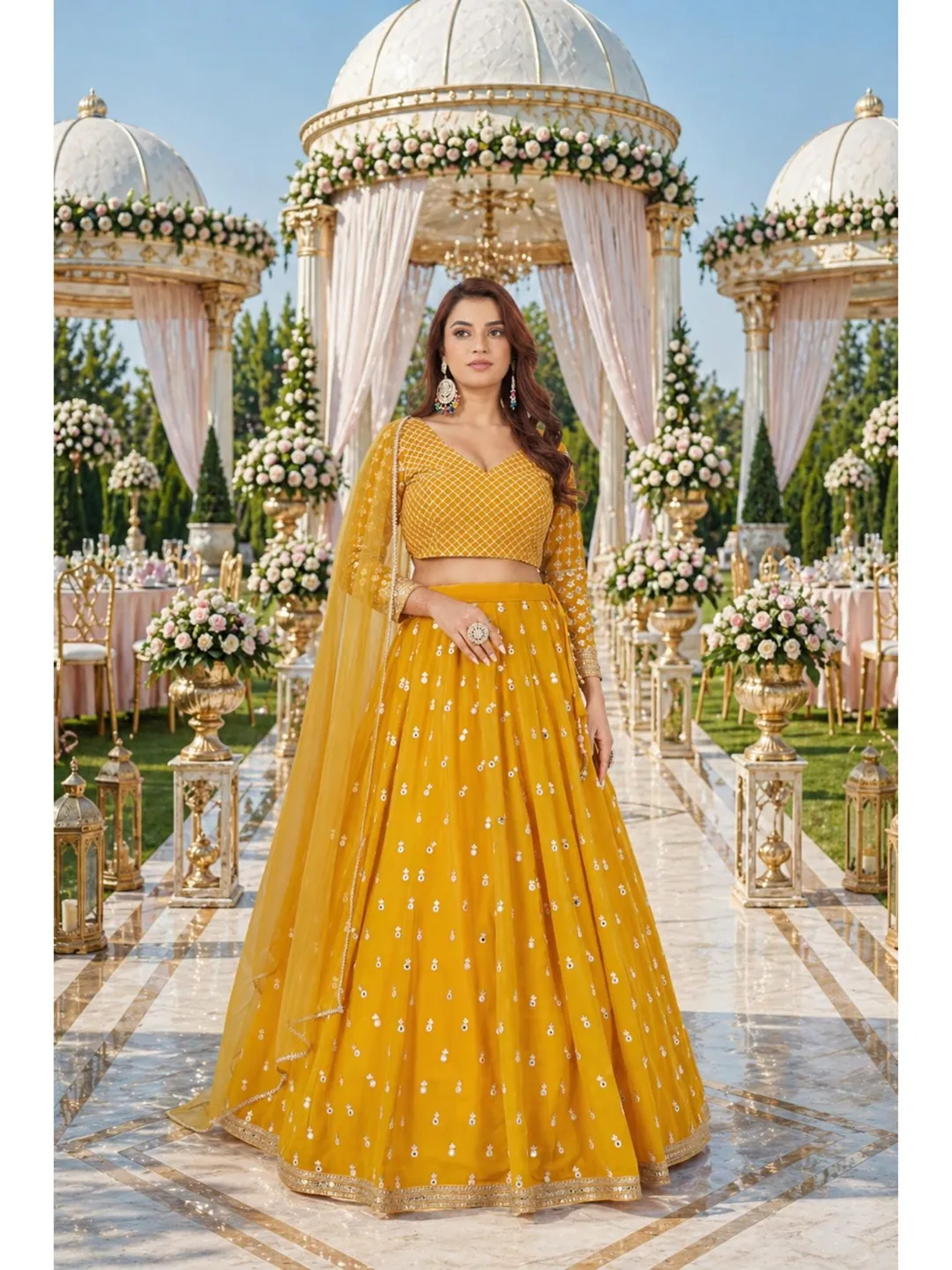Yellow Ready To Wear Lehenga Choli Set Women: Sequins Embroidery, Indian Wedding Wear