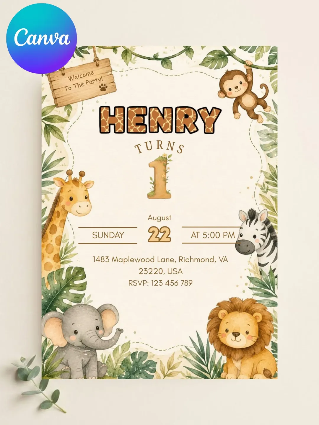 Safari 1st Birthday Invitation | Jungle Animals Birthday Invite | Editable Canva Template | Boy Birthday Invitation
