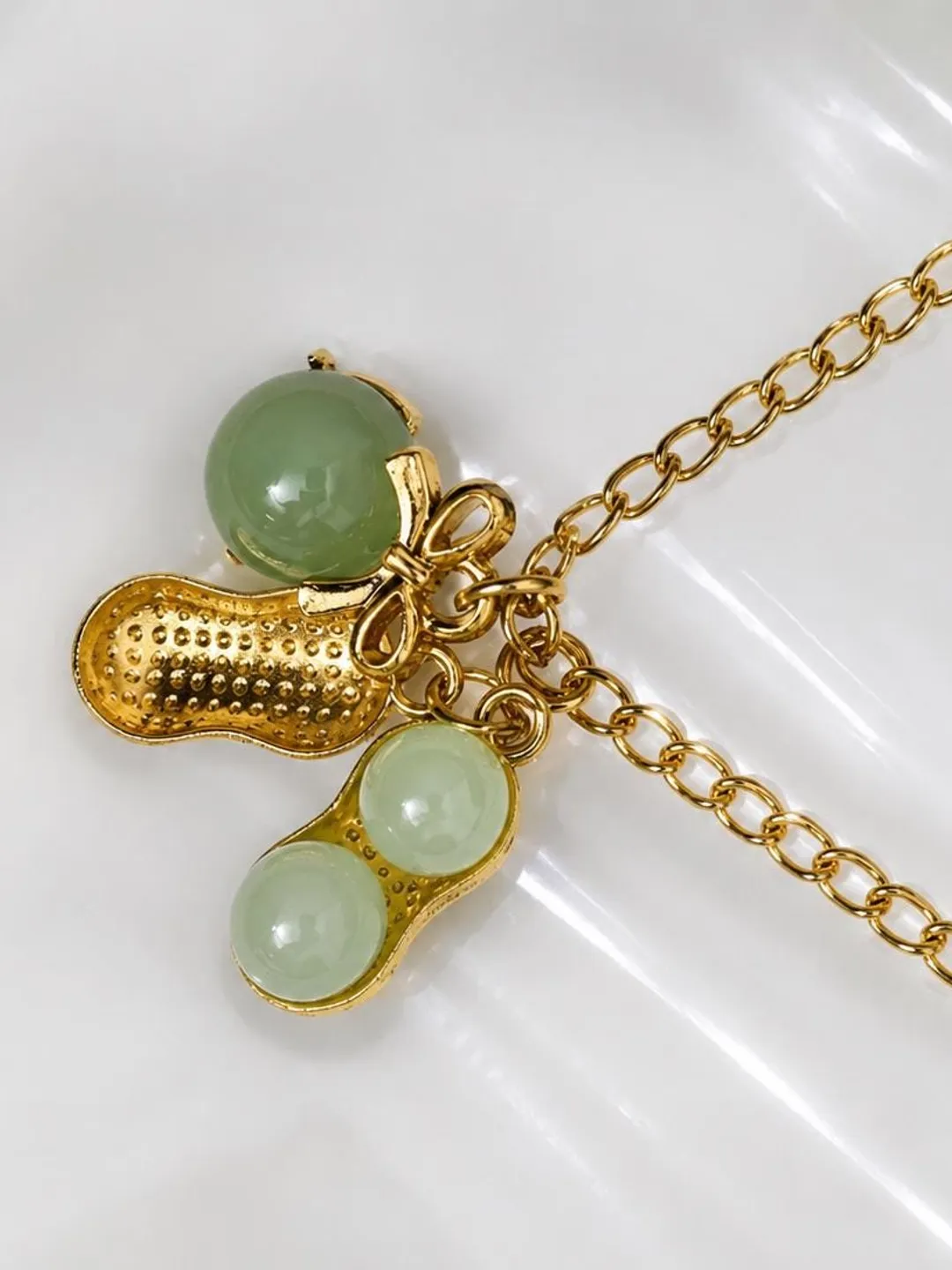 Gold-tone Peanut Charm Necklace, Green Jade-Style Beads, Minimalist Pendant Jewelry