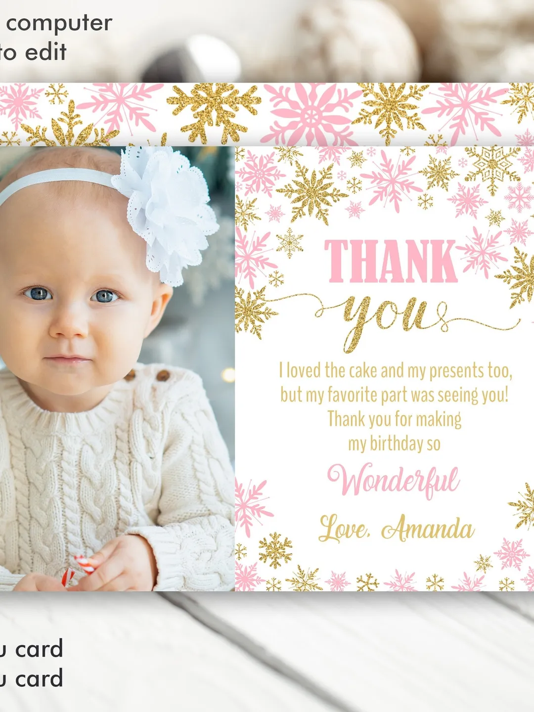 Winter Onederland Thank you card with photo, Winter Onederland Birthday ...