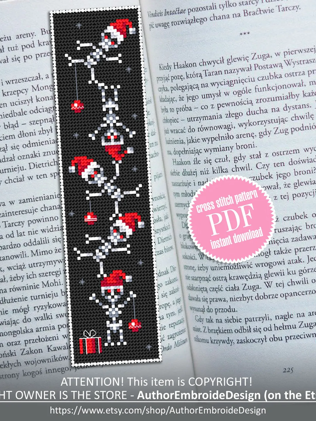 Dancing skeleton cross stitch pattern download PDF, Christmas skeleton embroidery PDF, Gothic bookmark cross stitch, Handmade bookmark #B97