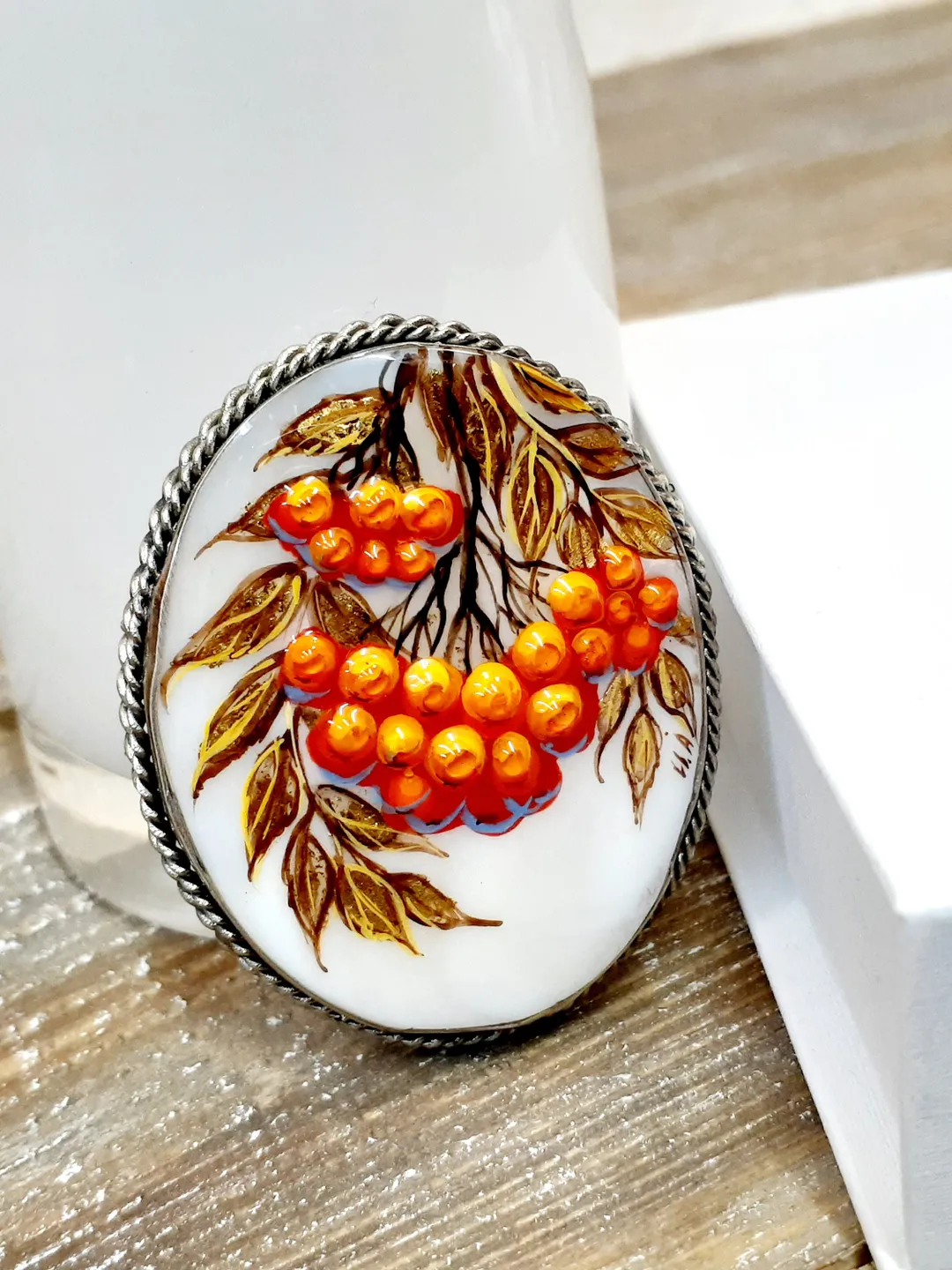 Brooches for women: Bunch of Rowan berries painted on pearl brooch • Orange handmade painted pin • Gorgeous pin for fall season dress