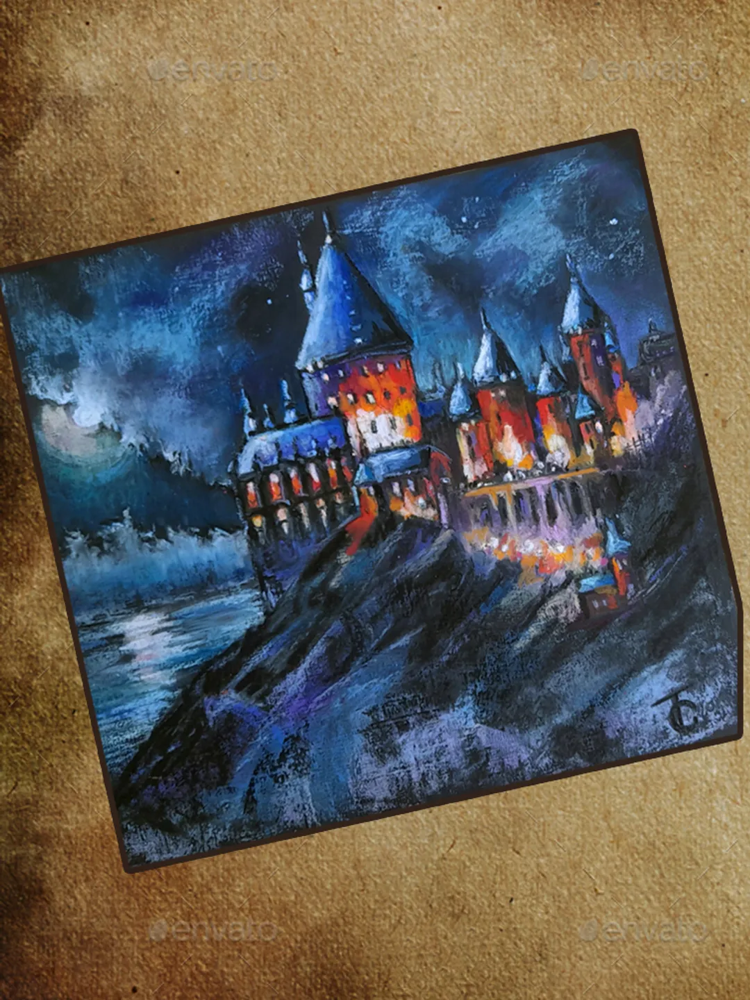 Oil pastel painting of Hogwarts castle 29,5x29 cm (11,6 х 11,4 inches).