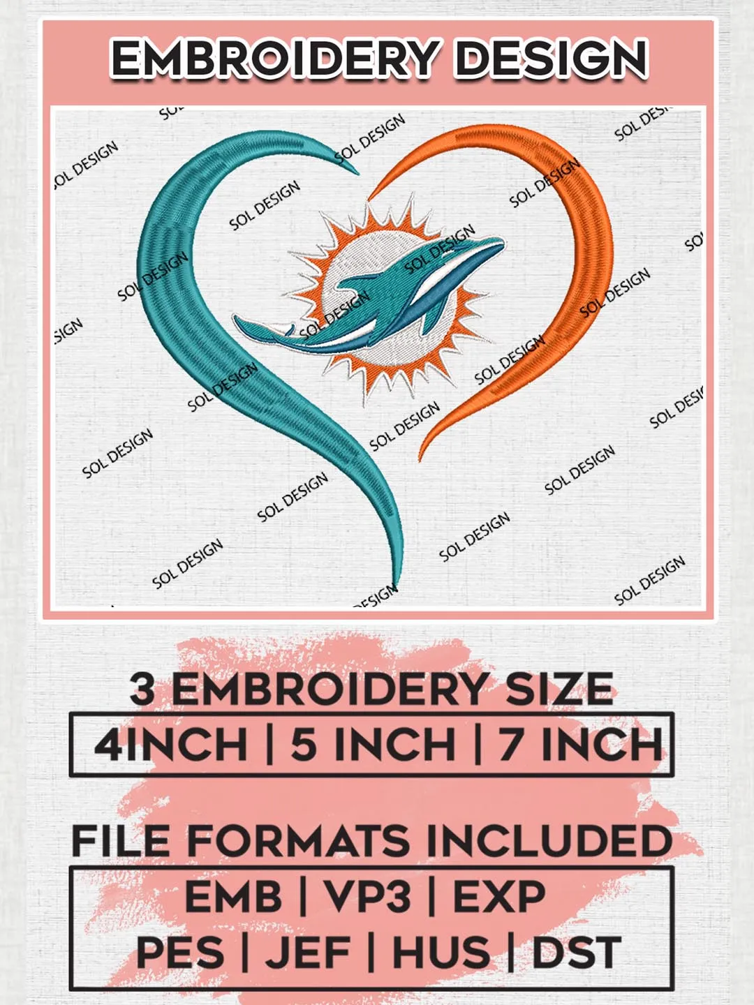 Miami Dolphins Logo Embroidery Design Files, NFL Dolphins, NFL Logo Embroidery Files, NFL Miami Dolphins Machine Embroidery Design, Digital Download