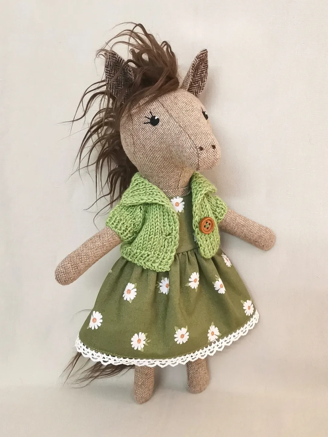 Beige horse girl, handmade plush toy, stuffed wool horse doll, soft rag doll