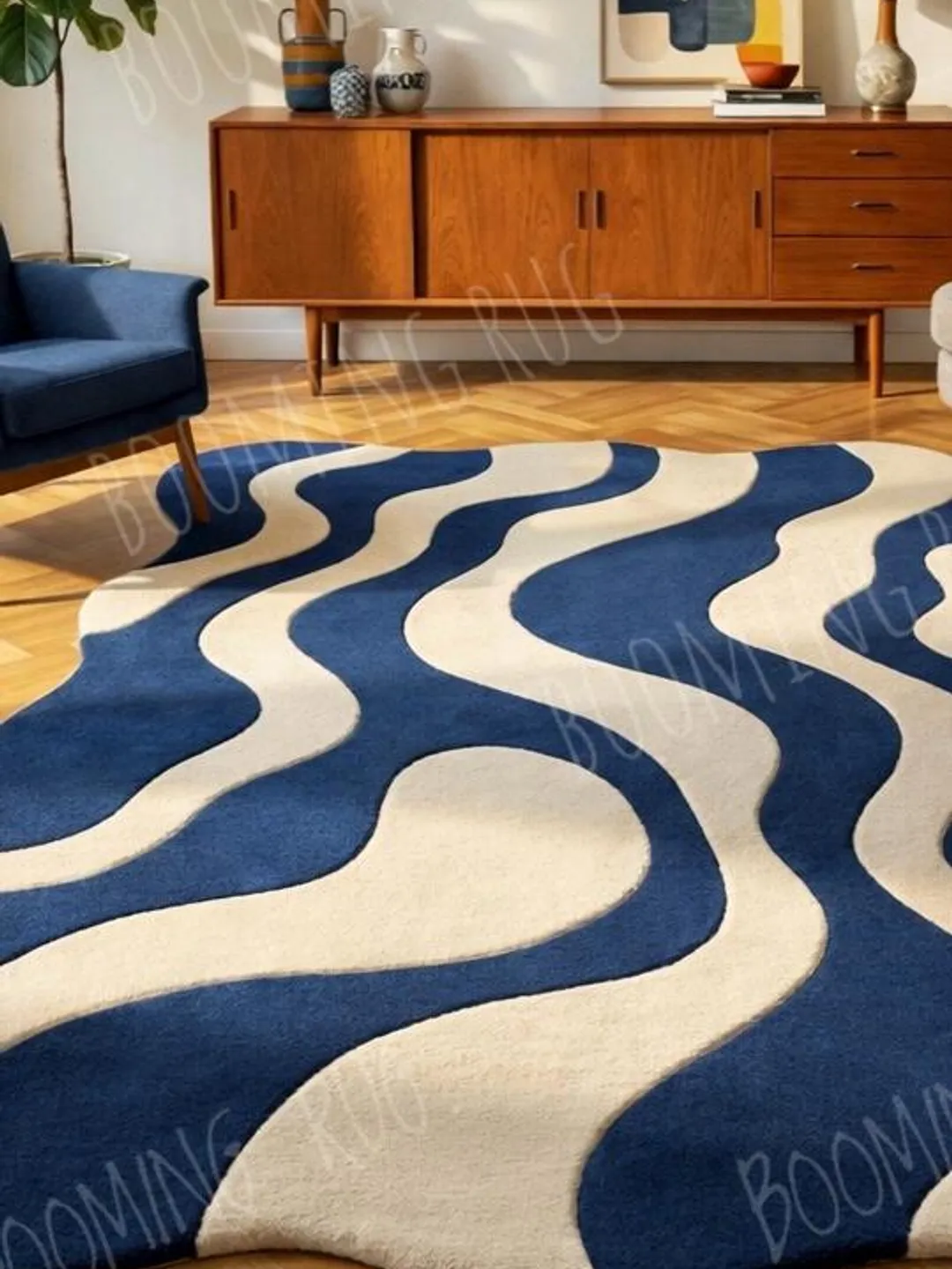 Contemporary Blue Rug Modern Wave Area Rug, Blue White Abstract Rug, Mid Century Contemporary ...