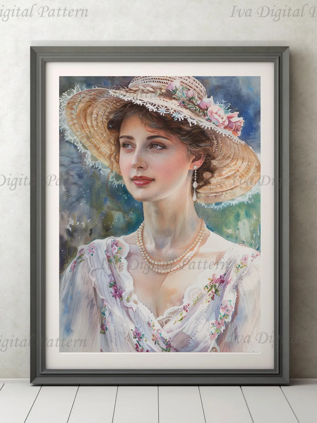 Digital painting. French woman. Romantic girl with a hat. Wall decoration in pastel colors. Parisienne. Digital illustration.Instant download.