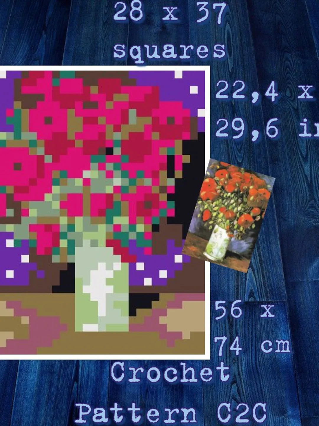 Crochet Pattern C2C Vintage Vincent Van Gogh Vase with Poppies Counted For Crocheting Pillow Home Decor Wall Decor Digital Download PDF