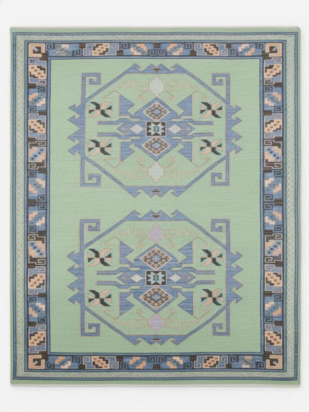 Hand Knotted Green & Blue Tribal Geometric Design Wool Area Rug