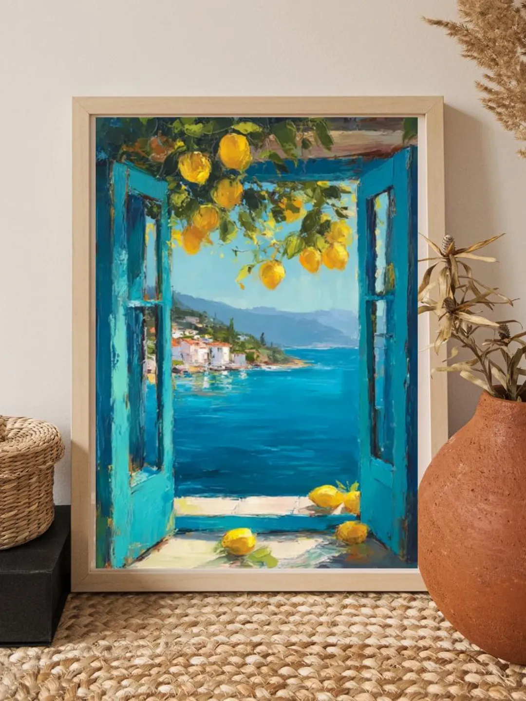 Mediterranean Coastal Print - Lemon Tree, Blue Window View (Digital ...