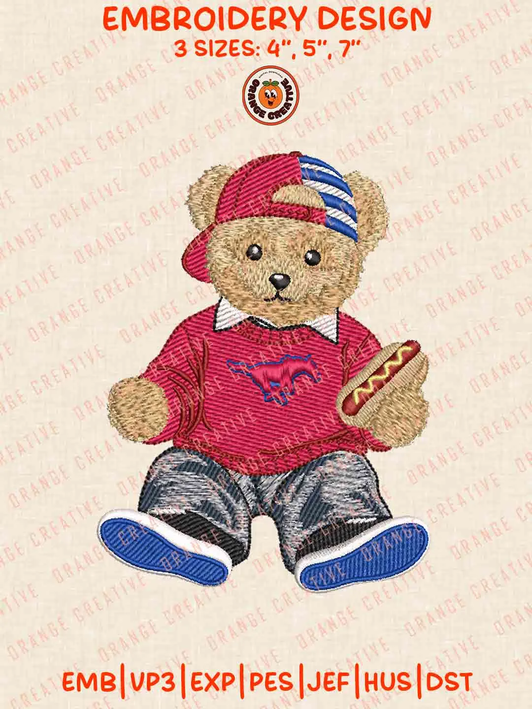 Cute Teddy Bear SMU Mustangs Logo Embroidery Files, NCAA Team Embroidery Design, Machine Embroidery Design File, 4 Sizes, Custom Size, Digital Download