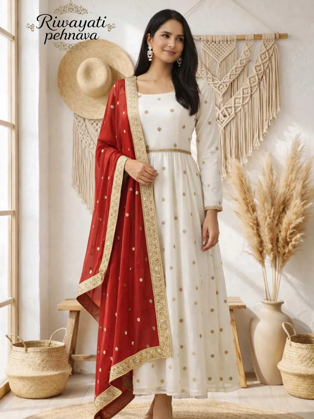 Anarkali Suit Set With Dupatta & Belt | White Chinnon Gown Set | Festive Wedding Eid Party Wear